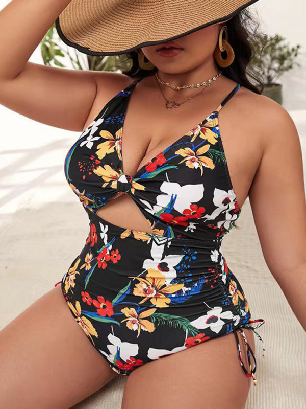 Plus Size Women-Printed Push-up Hollow One-Piece Swimsuit - FashionistaDeal