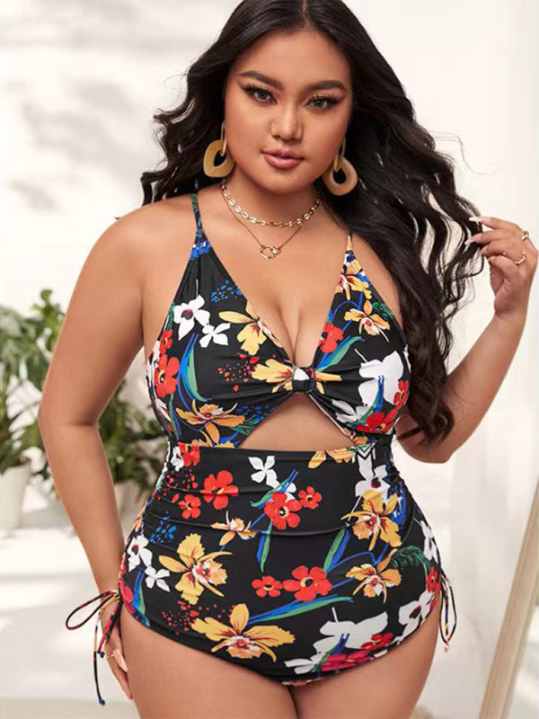 Plus Size Women-Printed Push-up Hollow One-Piece Swimsuit - FashionistaDeal