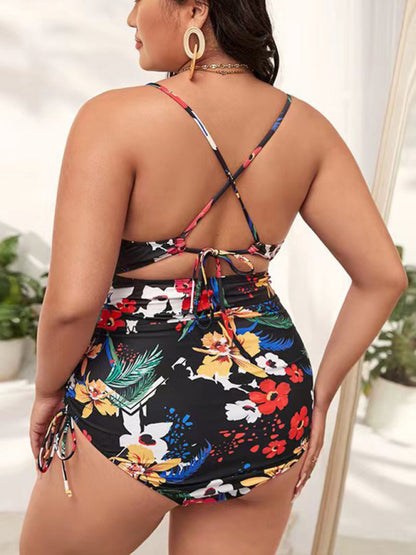 Plus Size Women-Printed Push-up Hollow One-Piece Swimsuit - FashionistaDeal