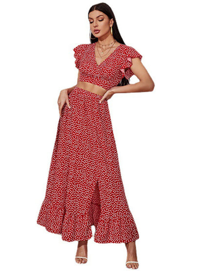 Women's polka dot print V-neck top + skirt two-piece set - FashionistaDeal