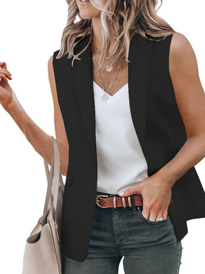 New temperament sleeveless suit jacket solid color suit collar loose cardigan women's clothing - FashionistaDeal