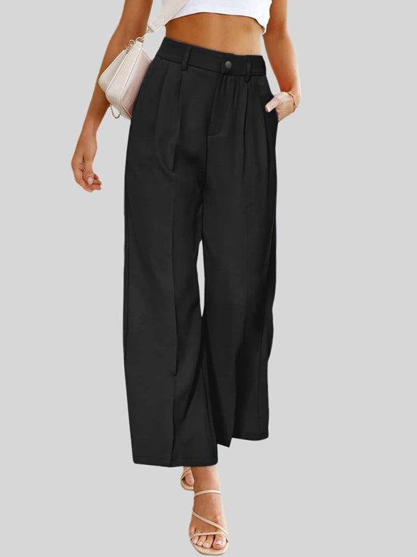 Women's Casual Wide Leg Dress Pants High Waist Button Down Trousers With Pockets - FashionistaDeal