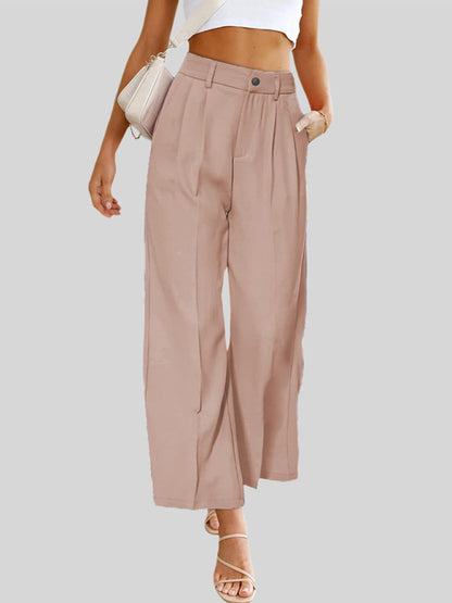 Women's Casual Wide Leg Dress Pants High Waist Button Down Trousers With Pockets - FashionistaDeal