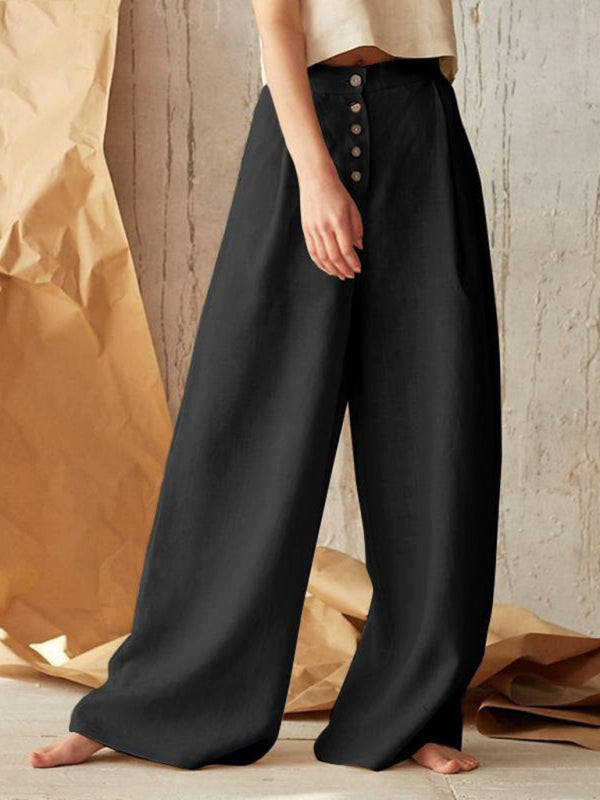 Women's Solid Color Single-breasted Button Casual High Waist Wide Leg Pants - FashionistaDeal