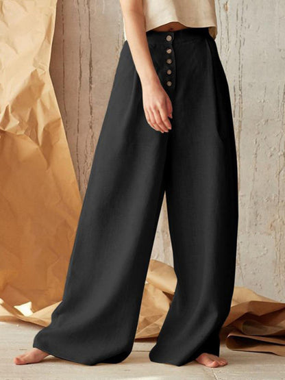 Women's Solid Color Single-breasted Button Casual High Waist Wide Leg Pants - FashionistaDeal