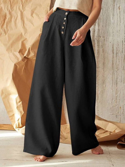 Women's Solid Color Single-breasted Button Casual High Waist Wide Leg Pants - FashionistaDeal