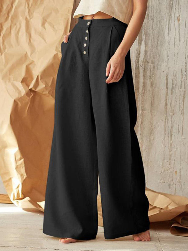 Women's Solid Color Single-breasted Button Casual High Waist Wide Leg Pants - FashionistaDeal