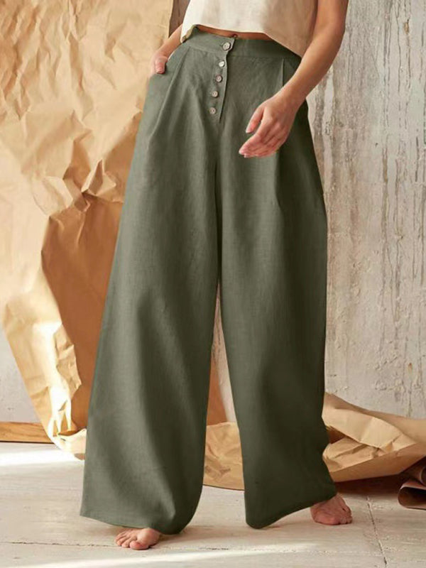 Women's Solid Color Single-breasted Button Casual High Waist Wide Leg Pants - FashionistaDeal