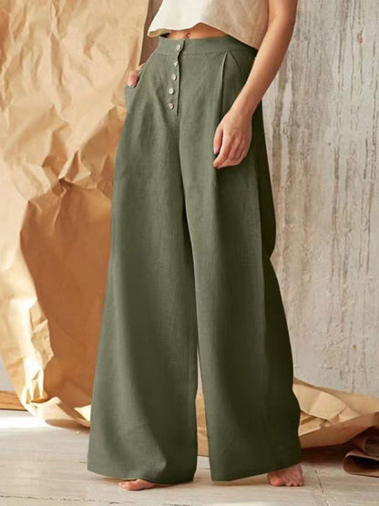 Women's Solid Color Single-breasted Button Casual High Waist Wide Leg Pants - FashionistaDeal