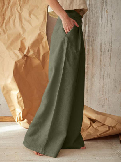 Women's Solid Color Single-breasted Button Casual High Waist Wide Leg Pants - FashionistaDeal