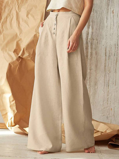 Women's Solid Color Single-breasted Button Casual High Waist Wide Leg Pants - FashionistaDeal