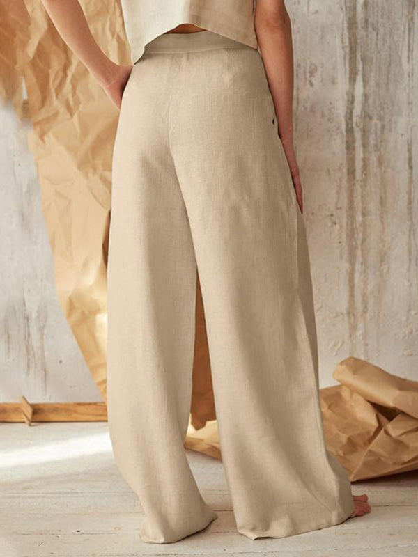 Women's Solid Color Single-breasted Button Casual High Waist Wide Leg Pants - FashionistaDeal