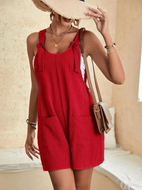 Women's Solid Color Patch Pocket Lace Up Casual Overalls - FashionistaDeal