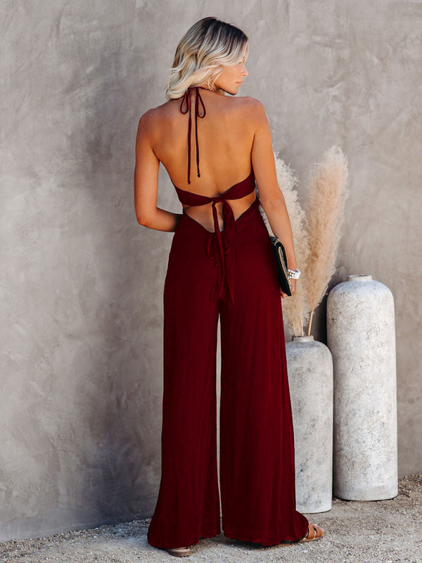 Midsummer street trendy ladies solid color U-neck suspenders backless jumpsuit wide-leg casual pants - FashionistaDeal