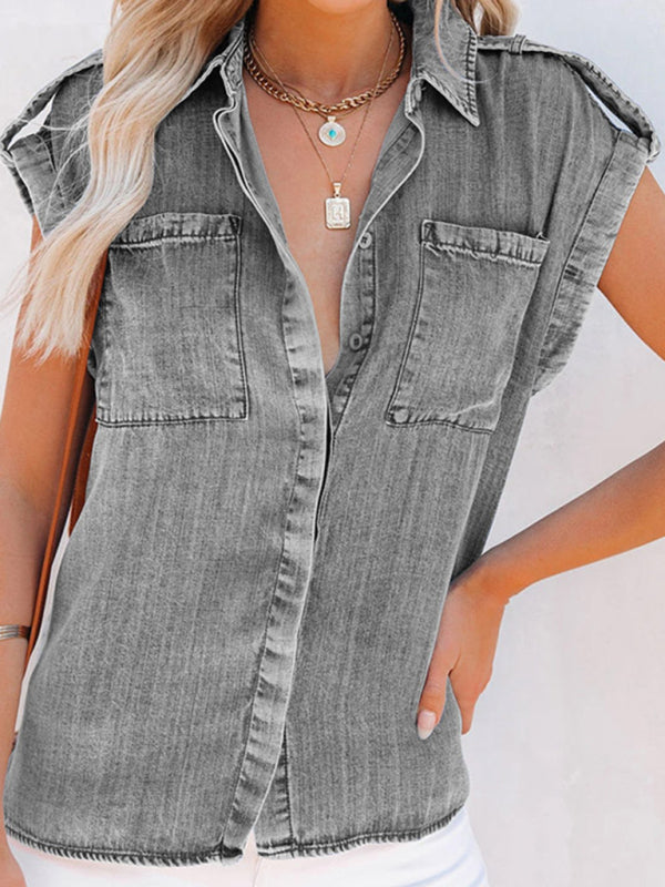 Sleeveless Denim Shirt Straight Pocket Oversized Top - FashionistaDeal