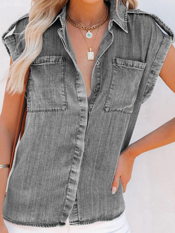 Sleeveless Denim Shirt Straight Pocket Oversized Top - FashionistaDeal