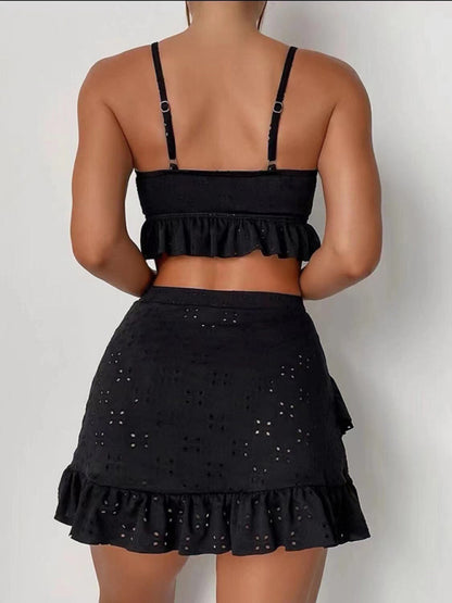 Women's Solid Color Eyelet Tie Front Ruffle Crop Tank With Matching Ruffle Hem Mini Skirt - FashionistaDeal