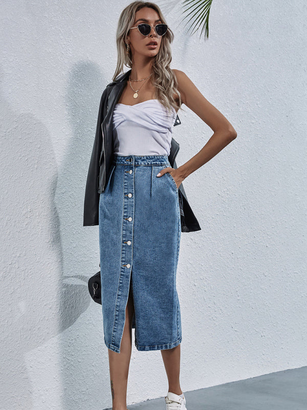 Women's Denim Button-Up Midi Skirt - FashionistaDeal