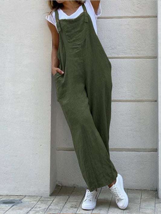 Solid color long jumpsuit with suspenders - FashionistaDeal