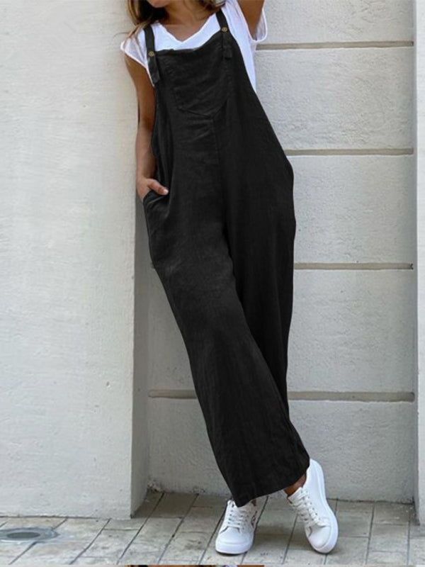 Solid color long jumpsuit with suspenders - FashionistaDeal