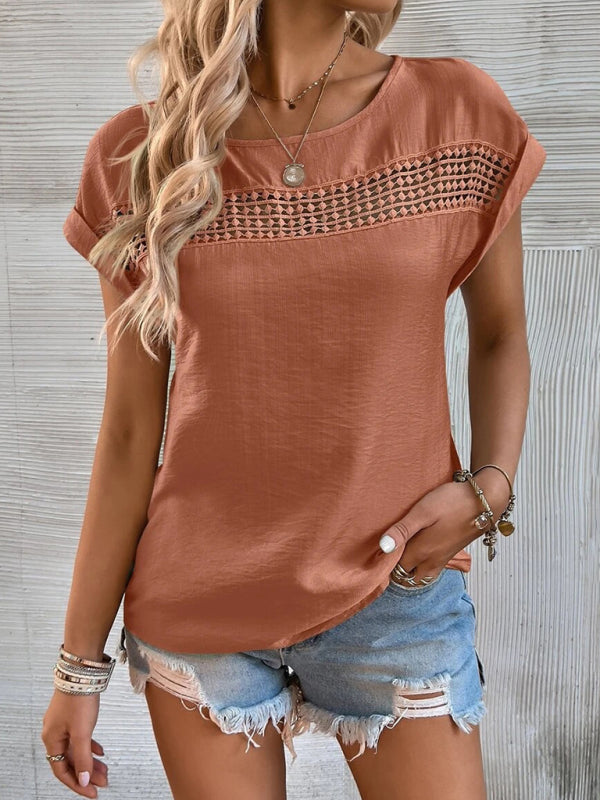 Women's Solid Color Lace Trim Short Sleeve Top - FashionistaDeal