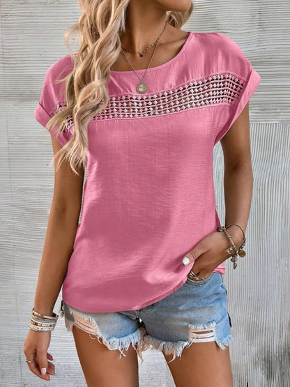 Women's Solid Color Lace Trim Short Sleeve Top - FashionistaDeal