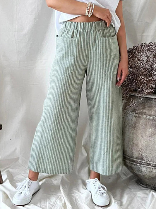 Women's Cotton Linen Loose Fashion Casual Striped Straight Leg Pants - FashionistaDeal