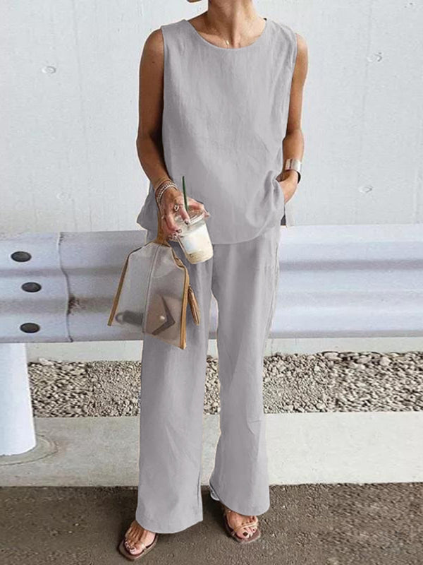 Women's Casual Loose Sleeveless Slit Vest + Pants Set - FashionistaDeal