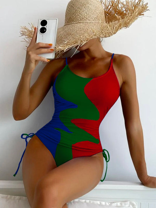 Women's Colorblock Drawstring One-Piece Swimsuit - FashionistaDeal