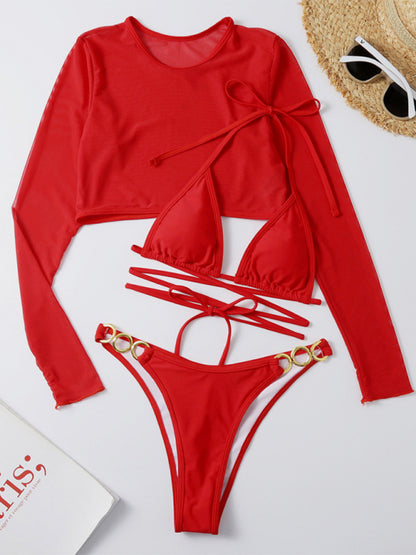 Women's Solid Color High Cut Waist Long Sleeve Cutout Three-Piece Swimsuit - FashionistaDeal