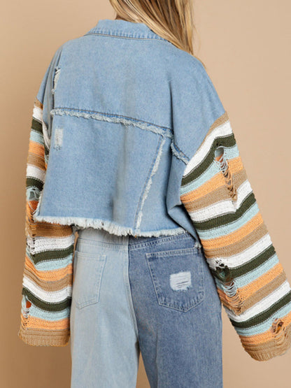 Women's casual fashion denim rainbow long-sleeved splicing jacket - FashionistaDeal