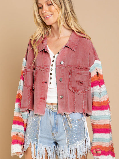 Women's casual fashion denim rainbow long-sleeved splicing jacket - FashionistaDeal