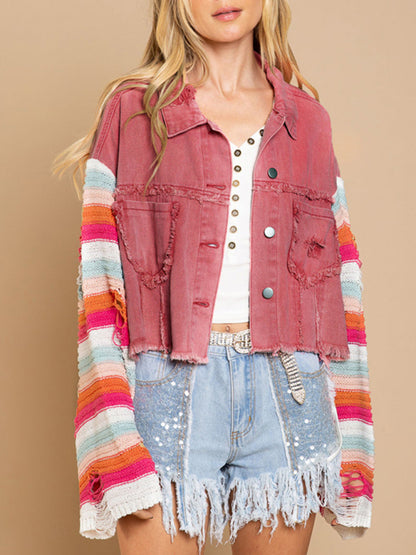 Women's casual fashion denim rainbow long-sleeved splicing jacket - FashionistaDeal