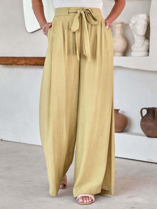 Women's Solid Color Drawstring Knot Wide Leg Trousers - FashionistaDeal