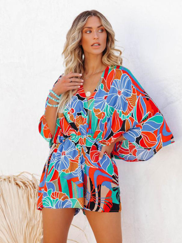 Women's Tropical Print Faux Wrap Romper - FashionistaDeal