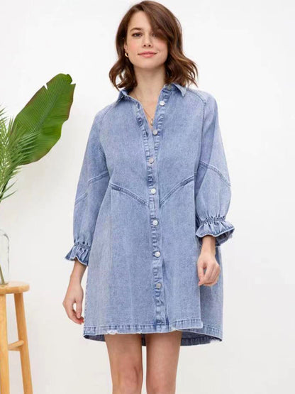 Women's Casual Loose Denim Balloon Sleeve Long Sleeve Dress - FashionistaDeal