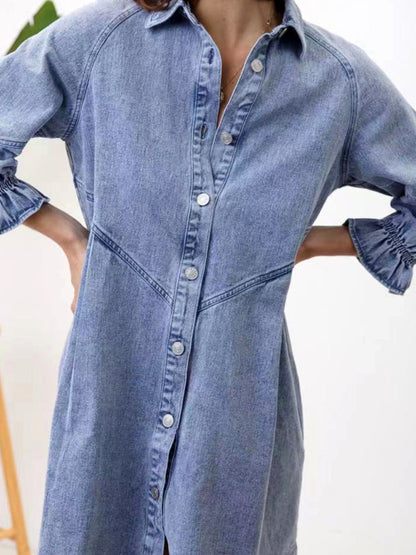 Women's Casual Loose Denim Balloon Sleeve Long Sleeve Dress - FashionistaDeal