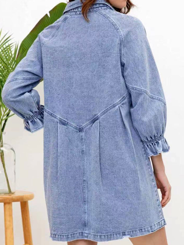 Women's Casual Loose Denim Balloon Sleeve Long Sleeve Dress - FashionistaDeal