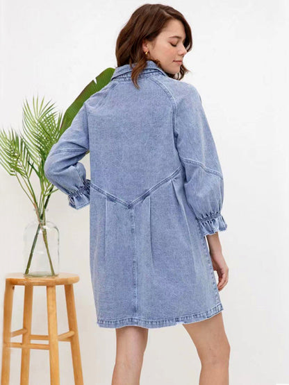 Women's Casual Loose Denim Balloon Sleeve Long Sleeve Dress - FashionistaDeal