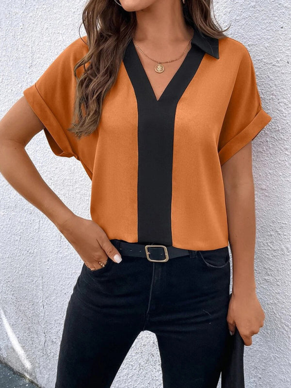 Women's Contrasting Color V-Neck Raglan Sleeve Lapel Loose Top - FashionistaDeal