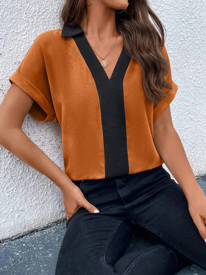 Women's Contrasting Color V-Neck Raglan Sleeve Lapel Loose Top - FashionistaDeal