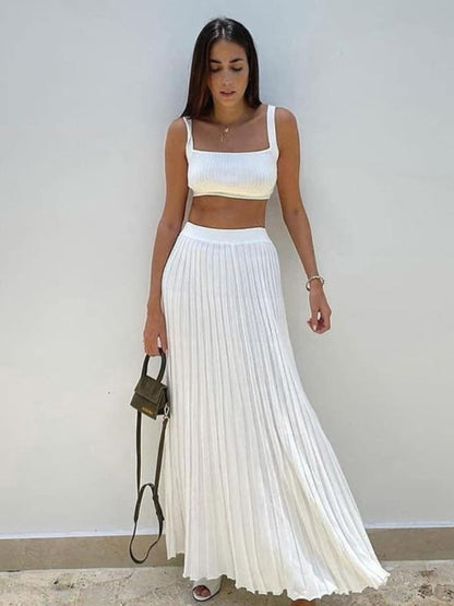 Knitted Camisole + Skirt Elegant Sleeveless Short Top Pleated Skirt Set - FashionistaDeal