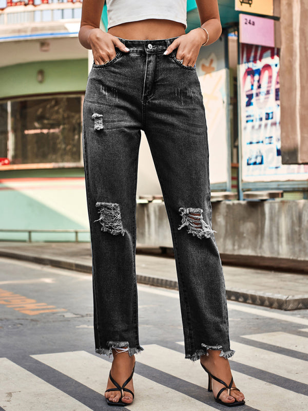 New style denim style ripped trousers women's casual pants - FashionistaDeal