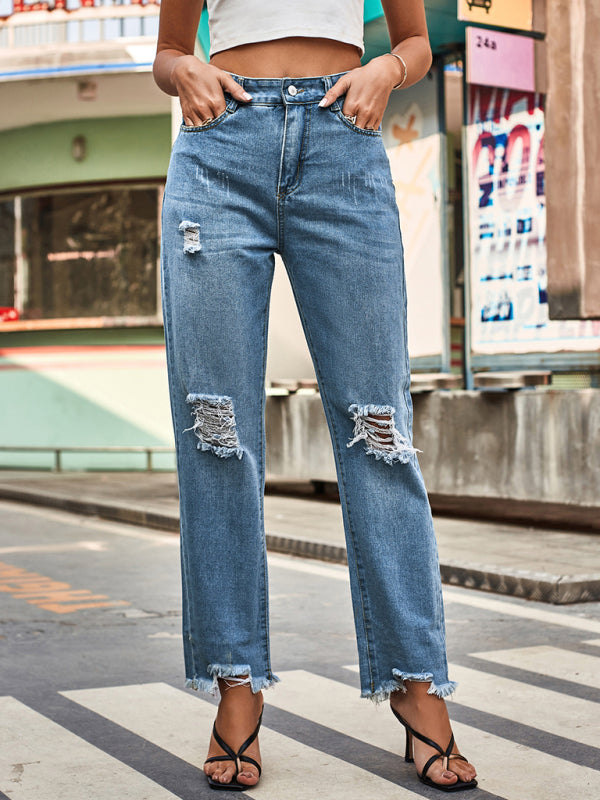 New style denim style ripped trousers women's casual pants - FashionistaDeal