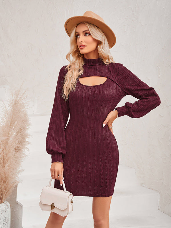 New women's hollow solid color slim long-sleeved hip dress - FashionistaDeal