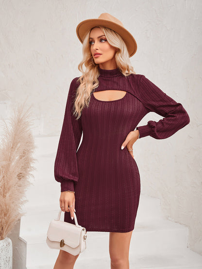 New women's hollow solid color slim long-sleeved hip dress - FashionistaDeal