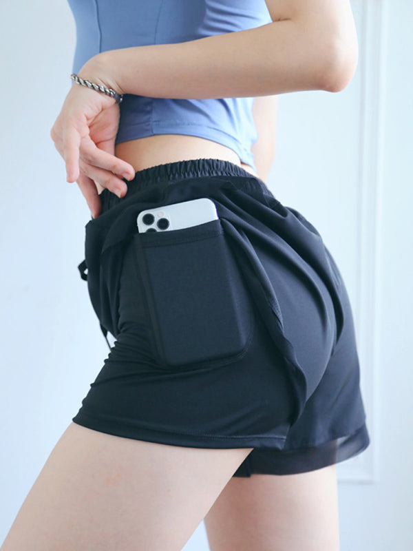 New Fake Two Piece Gym Shorts Women High Waist Elastic Tight Sports Yoga Pants - FashionistaDeal