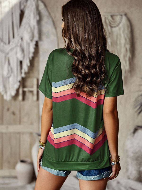 Women's round neck T-shirt rainbow strip top - FashionistaDeal