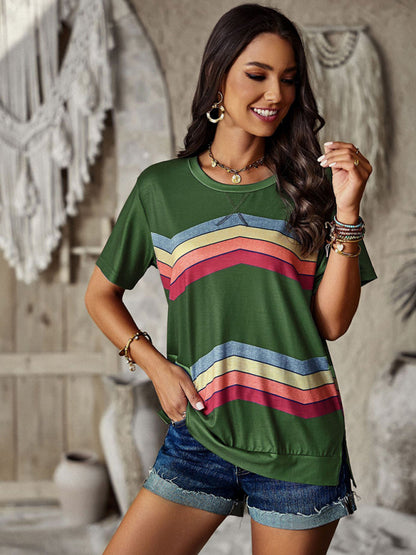 Women's round neck T-shirt rainbow strip top - FashionistaDeal