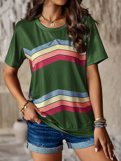 Women's round neck T-shirt rainbow strip top - FashionistaDeal